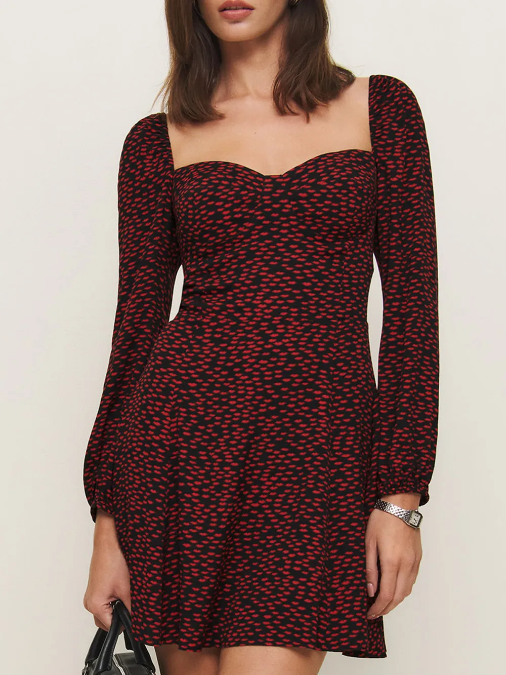 Square Neck Long Sleeve Floral Mini Dress