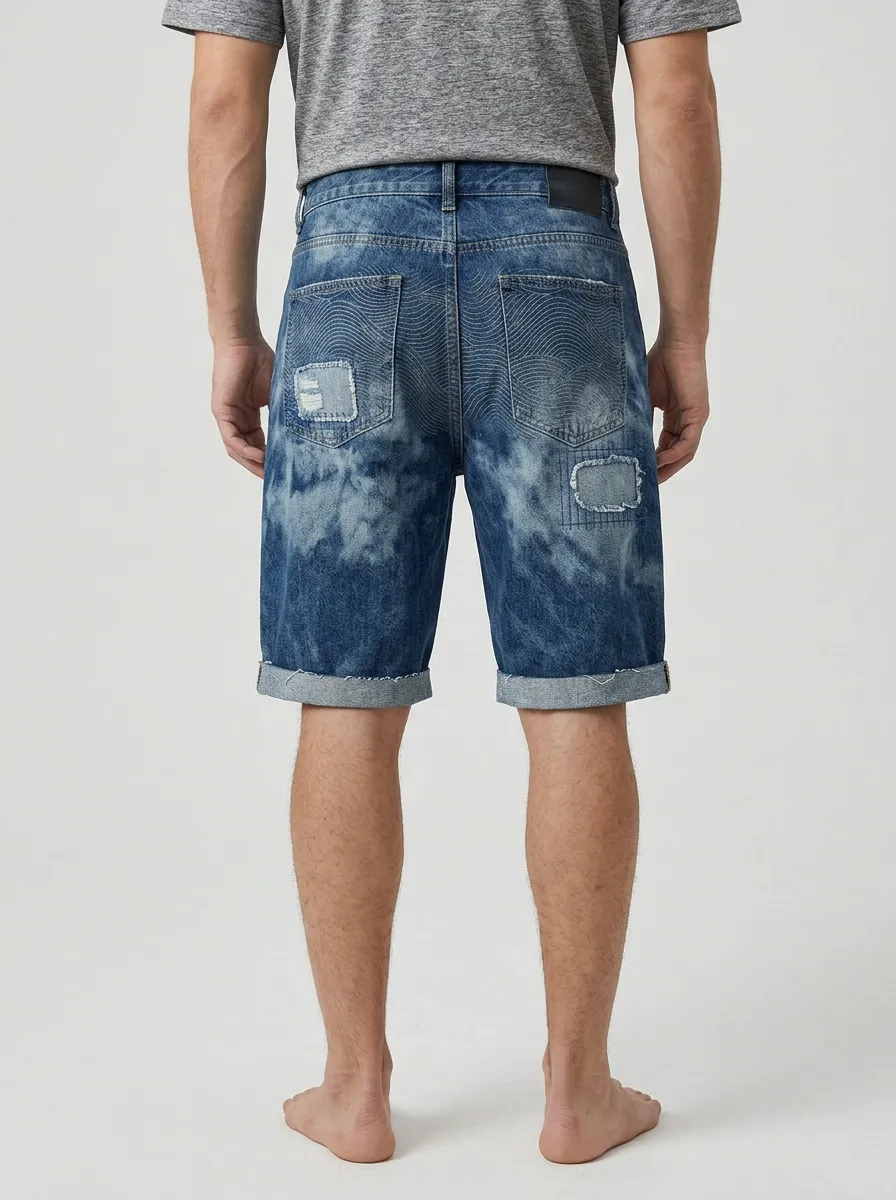 Men's Wave Patchwork Distressed Distressed Denim Shorts