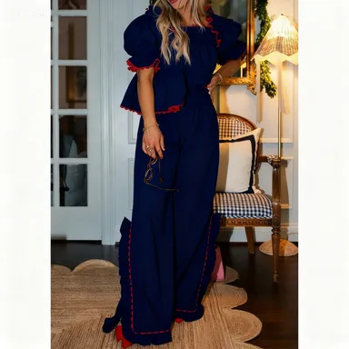 Women Pajama Set,Short Sleeve Square Neck T-shirt with Pants Sleepwear Loungewear