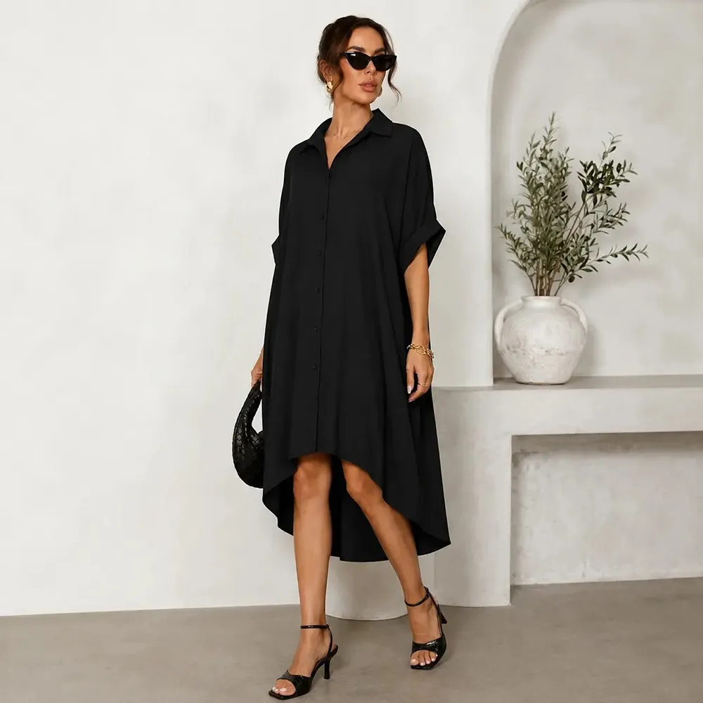 Women Turn-Down Collar Button Up Shirt Dress