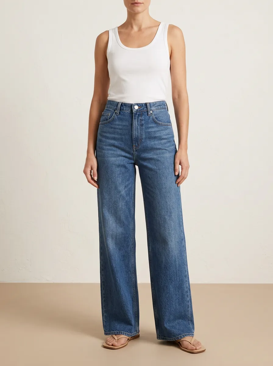 Women's High-Waisted Wide-Leg Denim High-Rise Waist Classic Button Jeans