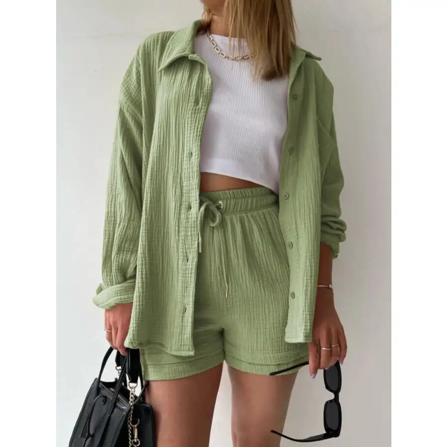 Relaxed Textured Button Up Shirt and Shorts Set