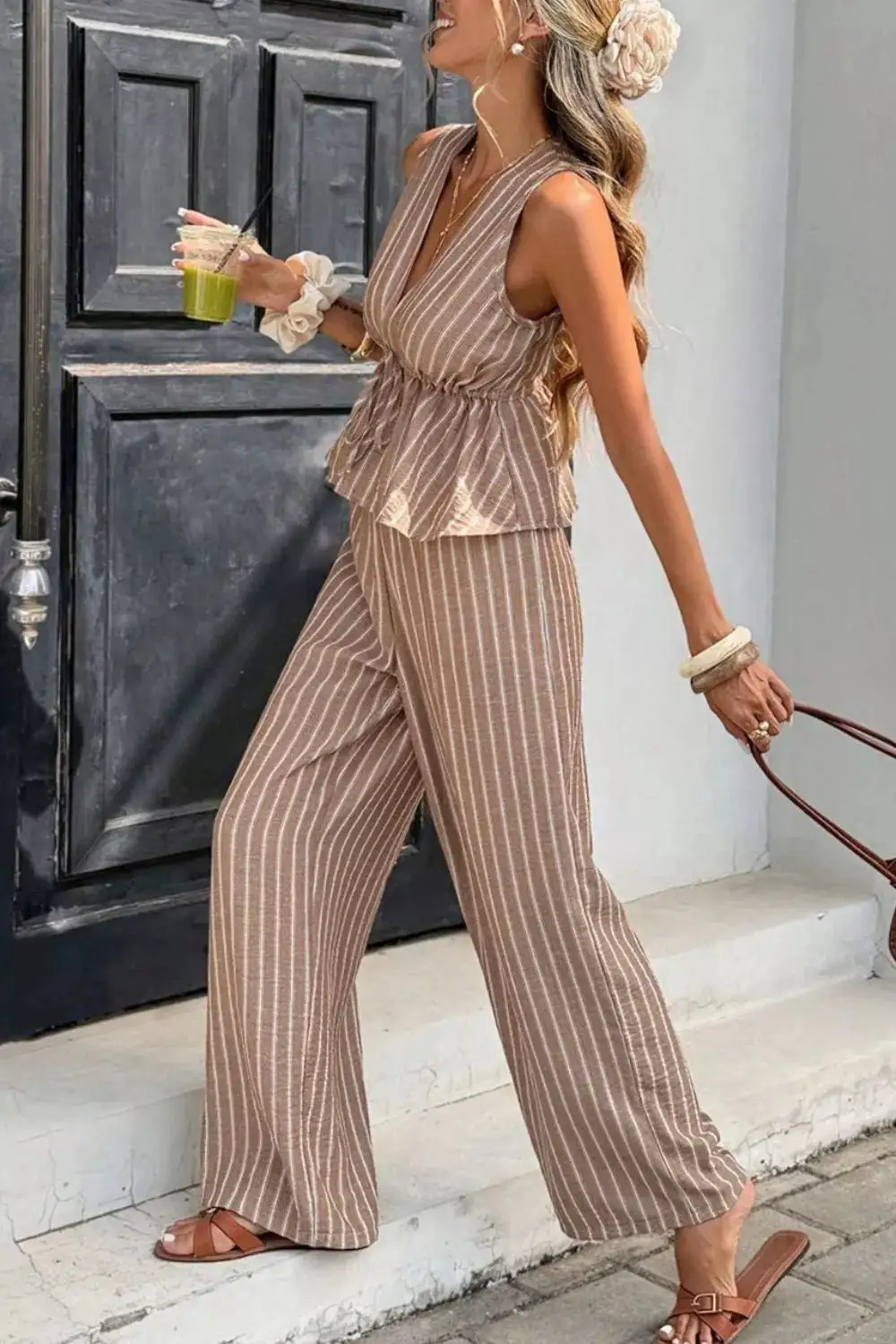 Textured Striped Sleeveless Top and Wide Leg Pants Set