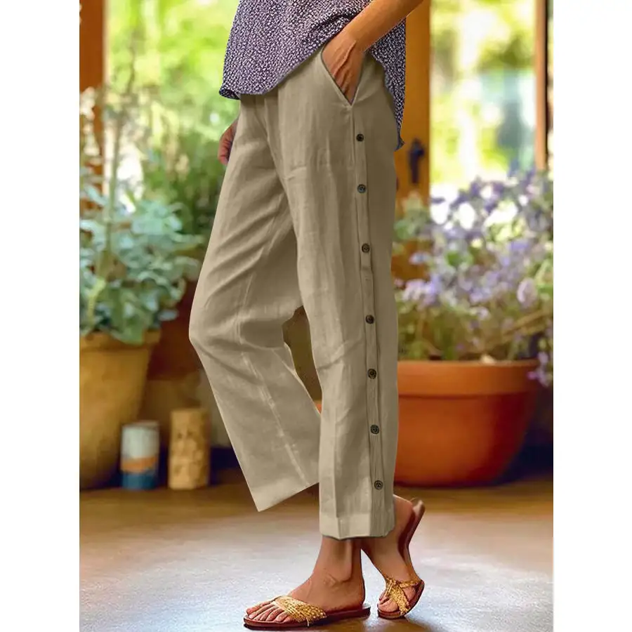 Full Size Side Decor Button Casual Wide Leg Pants Plus Size