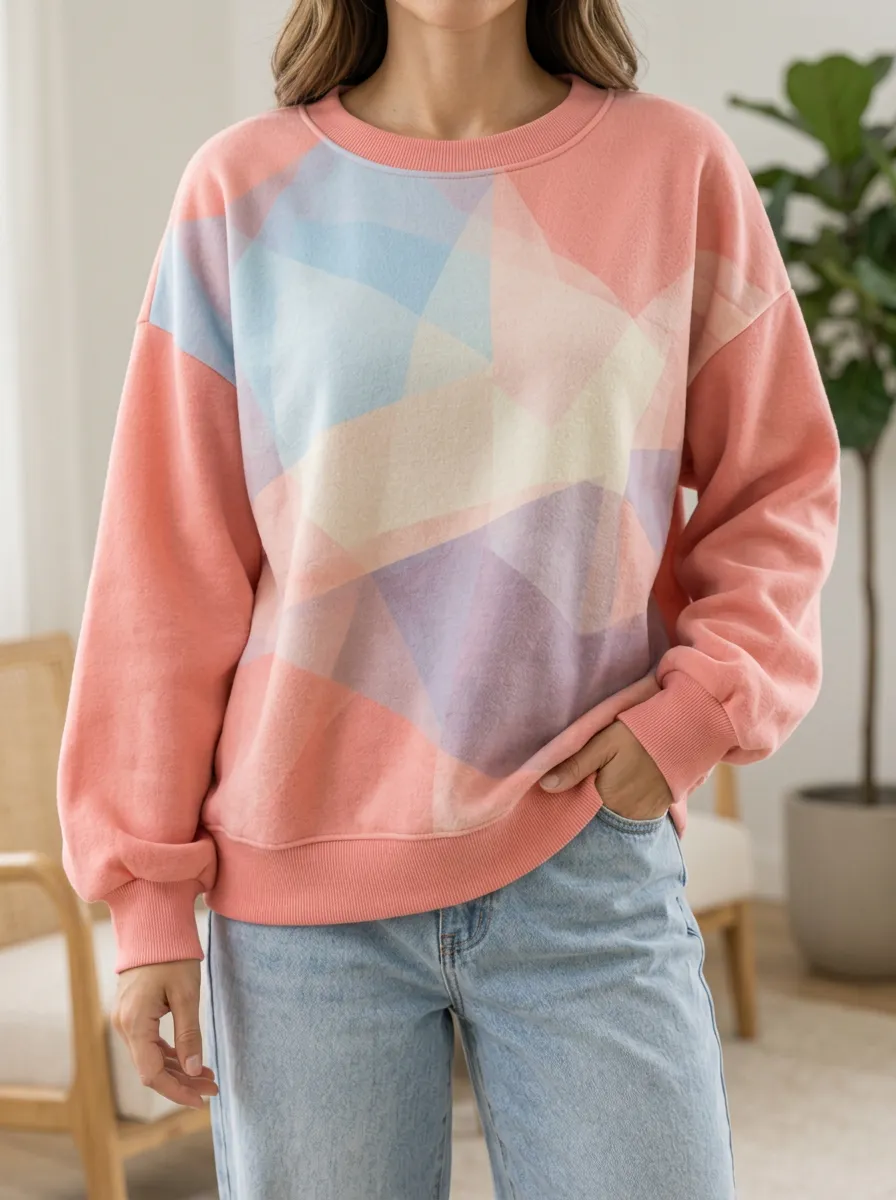 Women's Coral Geometric Print Crewneck Sweatshirt