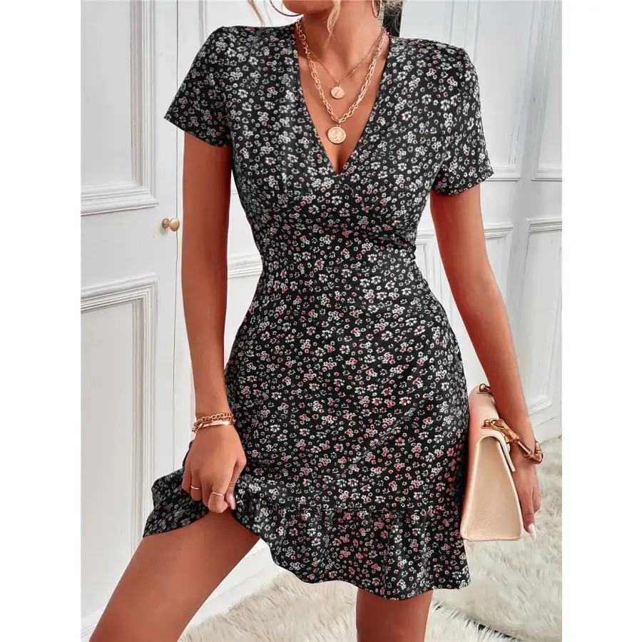 Ruffled Hem V-Neck Short Sleeve Mini Dress
