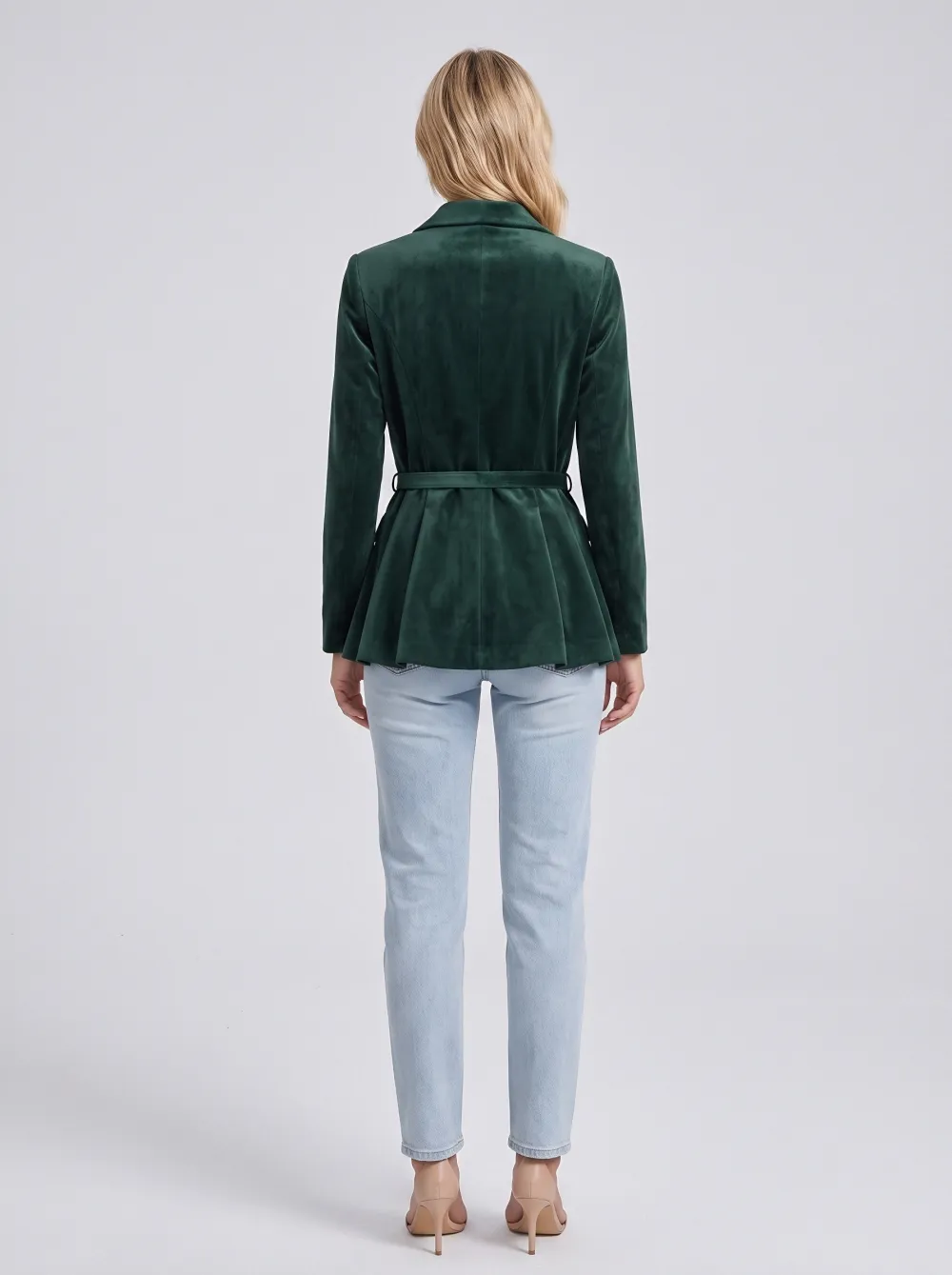 Women's Dark Green Velvet Belted Peplum Blazer Jacket