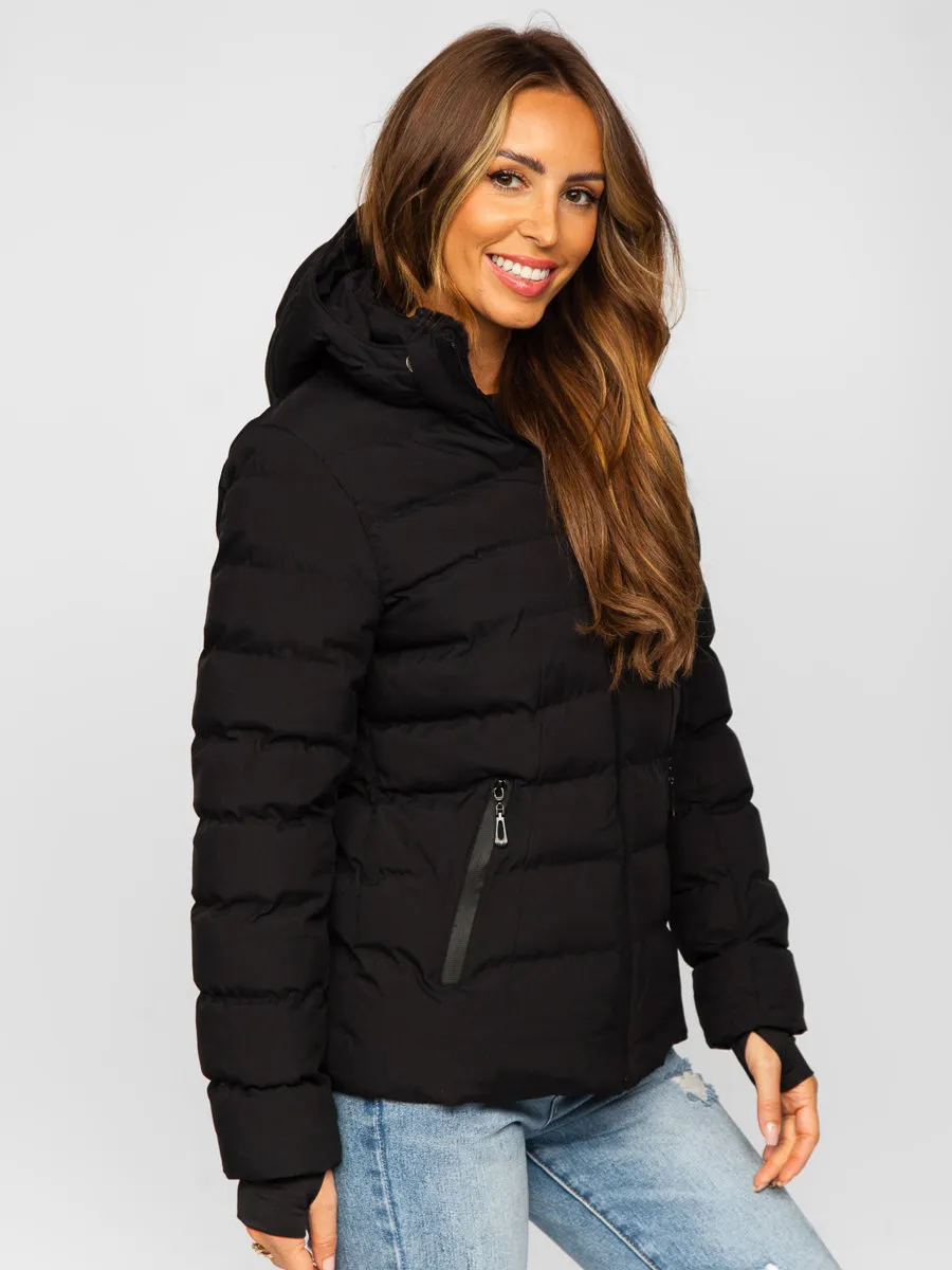 Black women's quilted winter jacket with hood