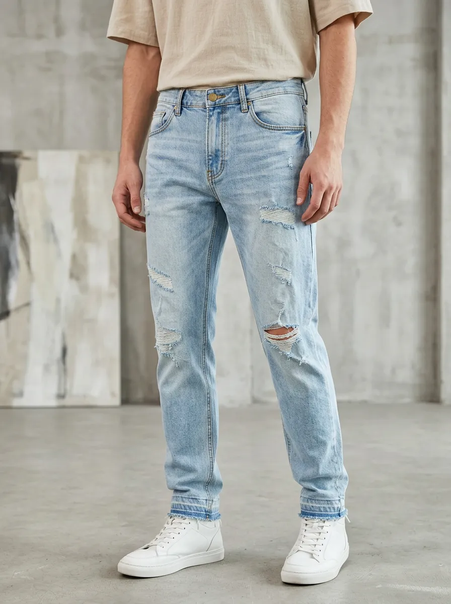 Men's Ripped Jeans Featuring Five Pocket and Denim Styling