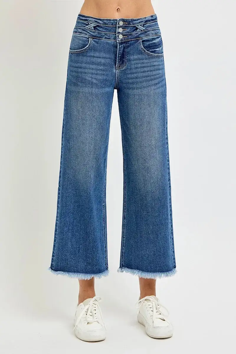 High Rise Wide Waistband Raw Hem Wide Leg Jeans