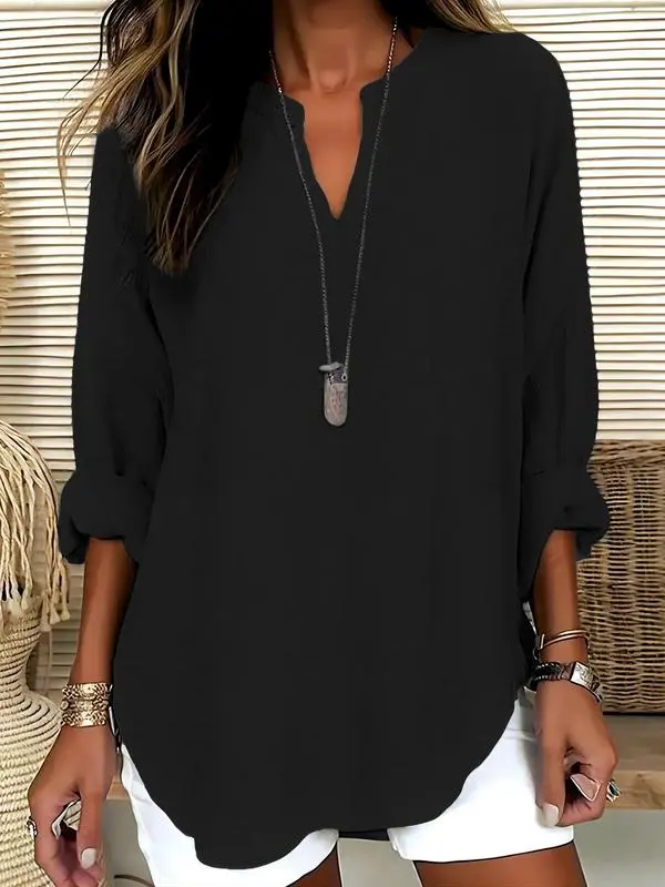 Women's Plain Notched Neck Drop Shoulder Blouse