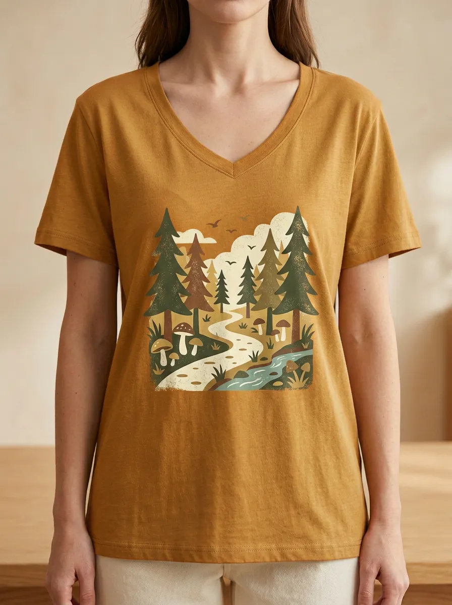 Women's Nature Forest River Mushroom Print V-Neck T-Shirt
