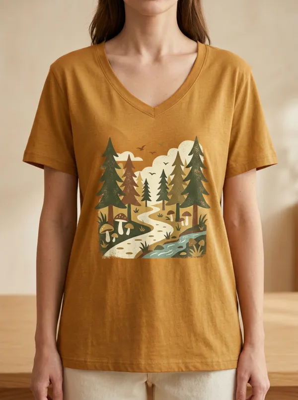 Women's Nature Forest River Mushroom Print V-Neck T-Shirt