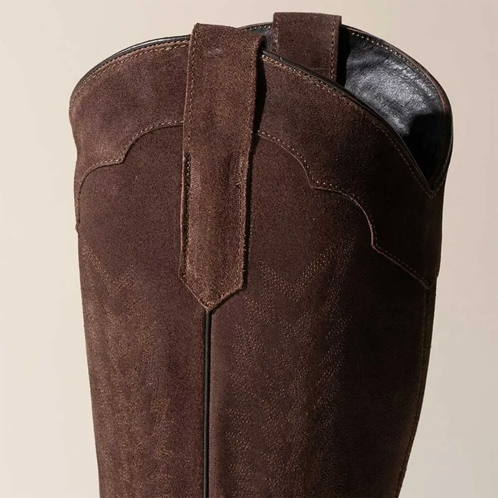 Faux-Suede Embroidered Snip-Toe Chunky-Heel Western Boots