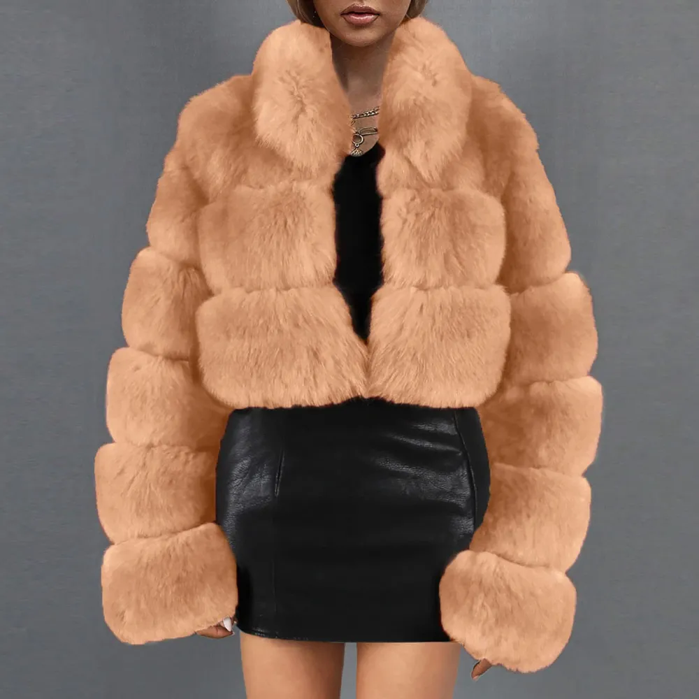 X1-Khaki Faux Fur Coat Women with Hood Cropped Bubble Coats Fleece Short Warm Jackets Plus Size Winter Coats for Women