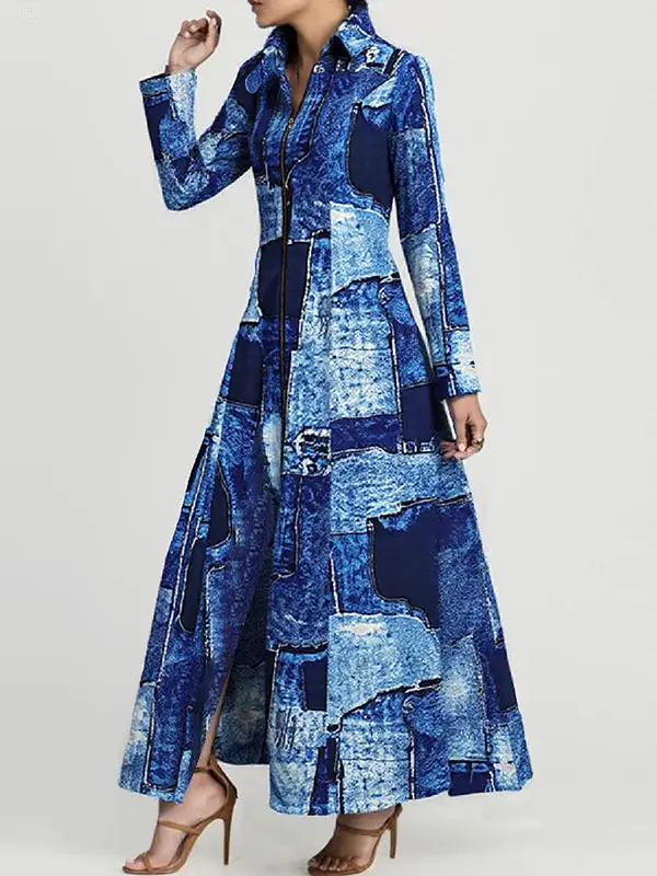 Sleeves Printed Long Shirt Maxi Dress