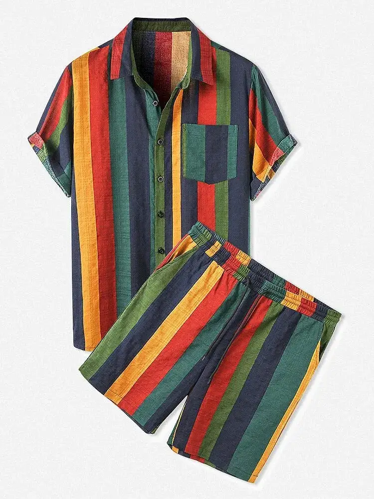 Striped Button Up Shirt and Shorts Set