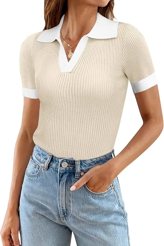 Slim Fitted Ribbed Knit Casual Tee Tops