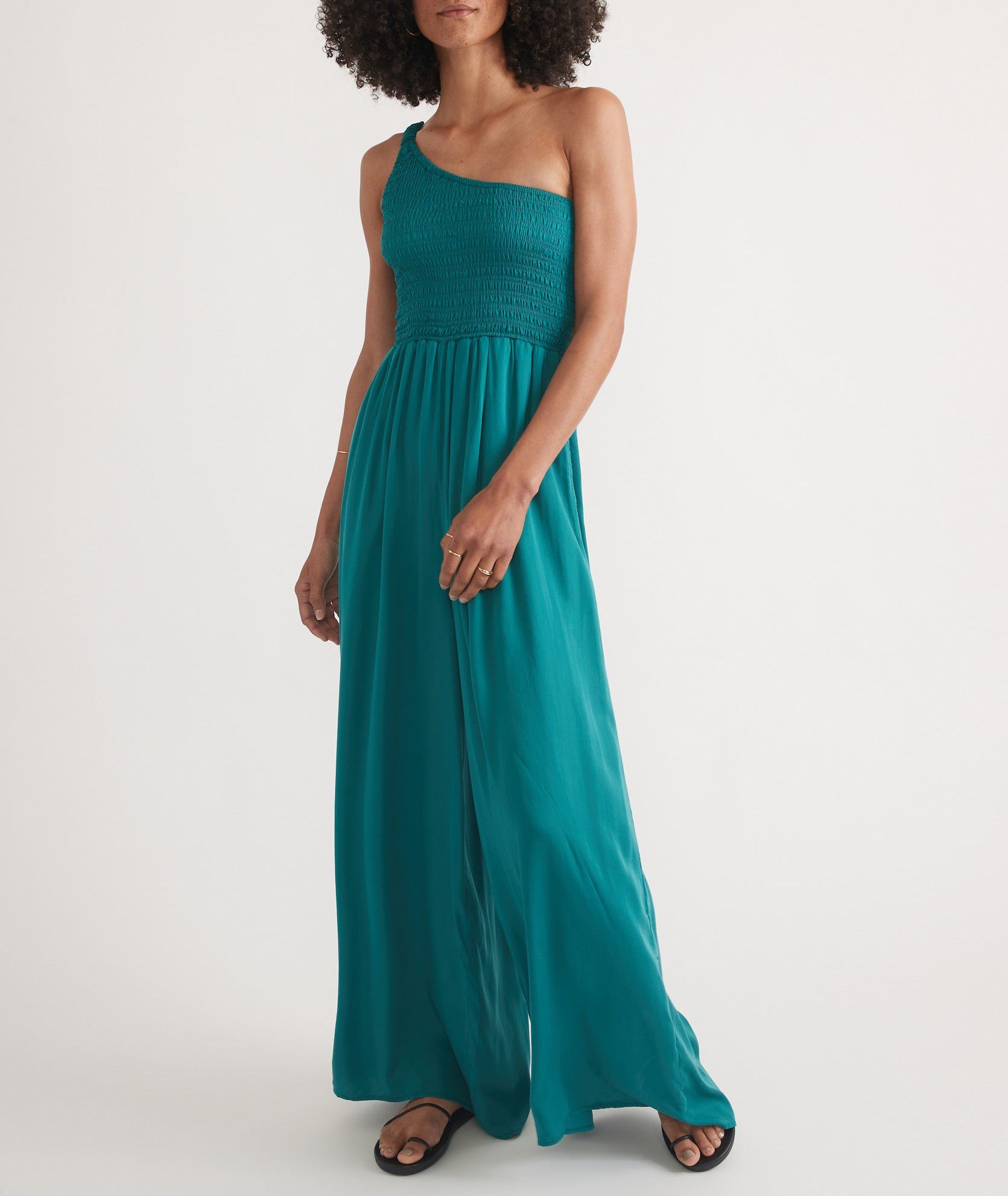 One-Shoulder Smocked Wide-Leg Jumpsuit