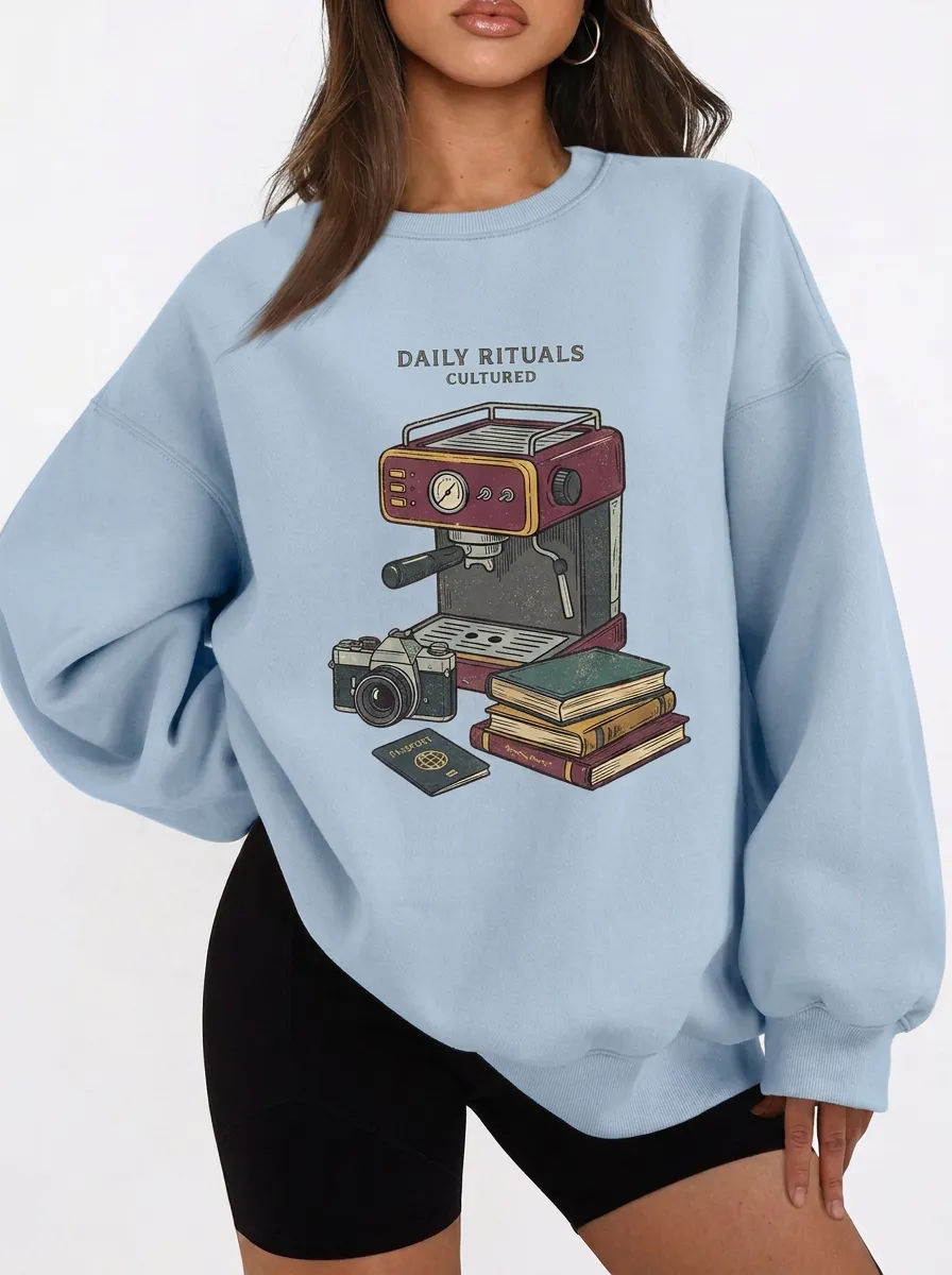 Women's Coffee Lover Daily Rituals Espresso Camera Book Printed Sweatshirt