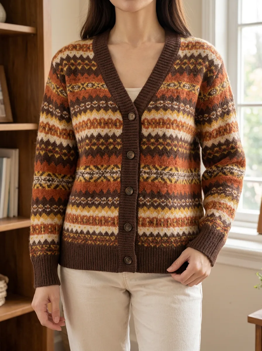 Women's Vintage Autumn Fair Isle Pattern Printed V-Neck Relaxed Layering Cardigan