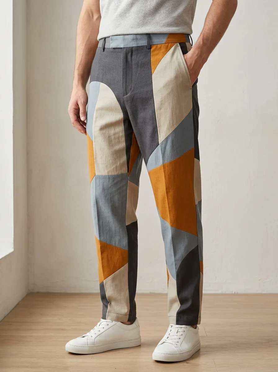 Men's Straight-Leg Geometric Patchwork Trousers