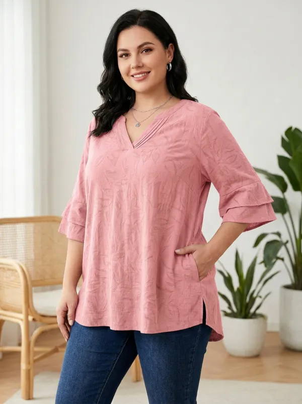 Women's Plus Size Olive Leaf Pattern Printed V-Neck Loose T-Shirt
