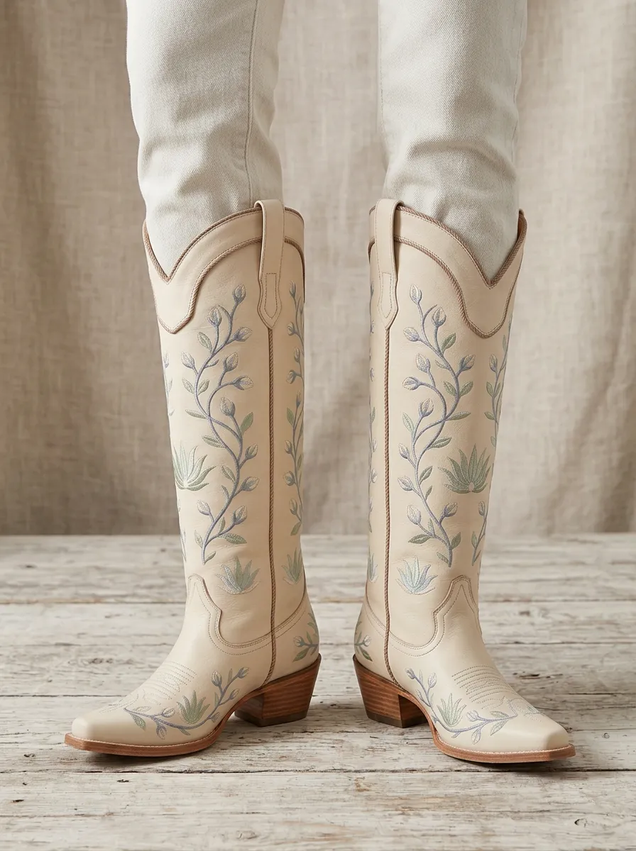 Women's Western Floral Wing Embroidered Piped Block-Heel Stacked-Heel Denim Over-the-Knee Boots