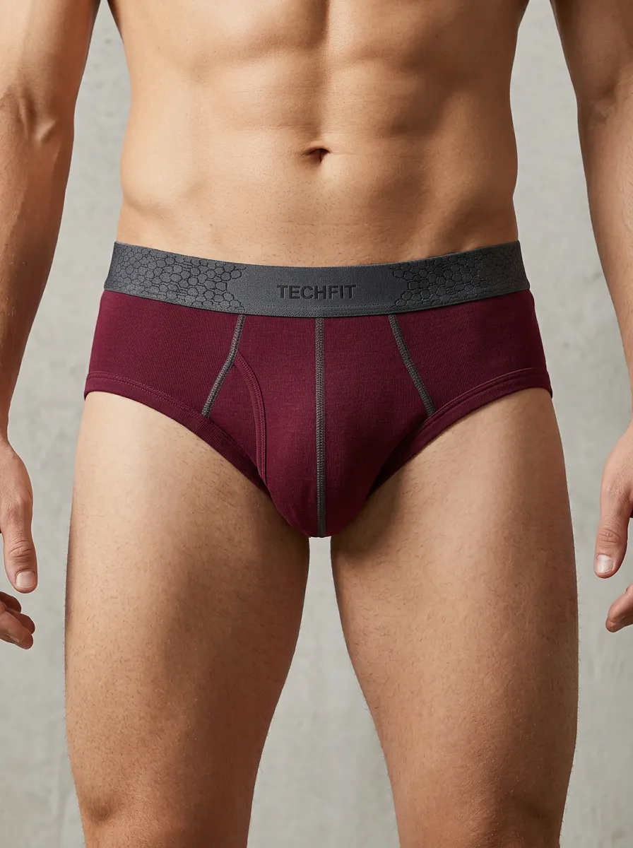 Men's Techfit Burgundy Athletic Printed Briefs