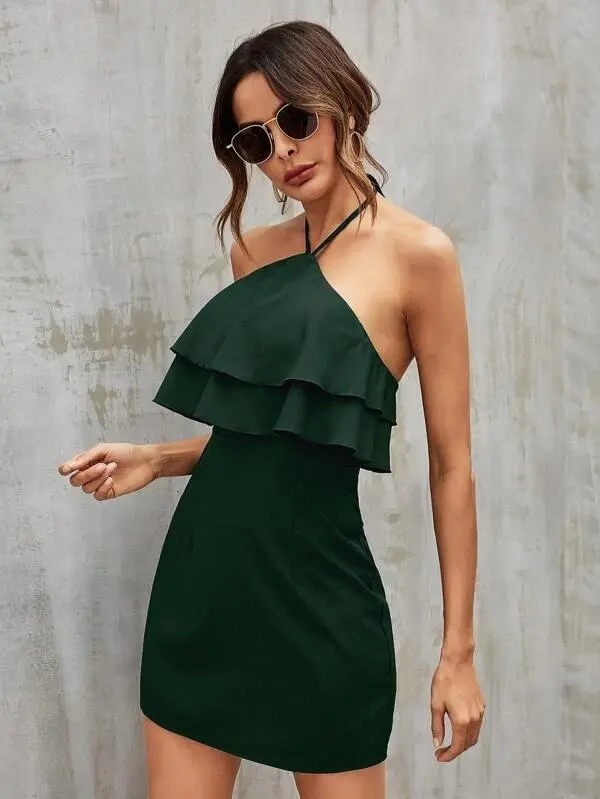 Women Solid Tiered Layer Tie Back Halter Dress