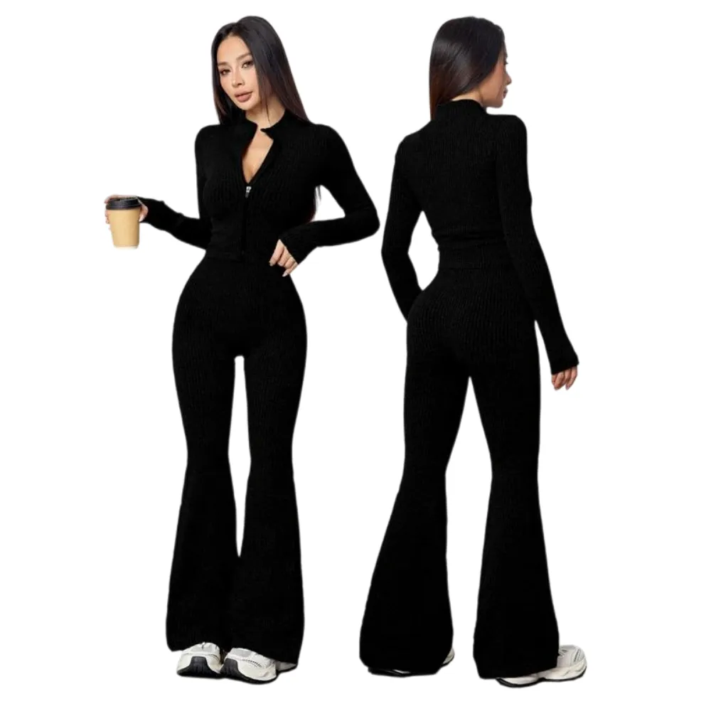Women's Two-Piece Set, Autumn Winter Knit Ribbed Jacket & High-Waisted Flare Pants