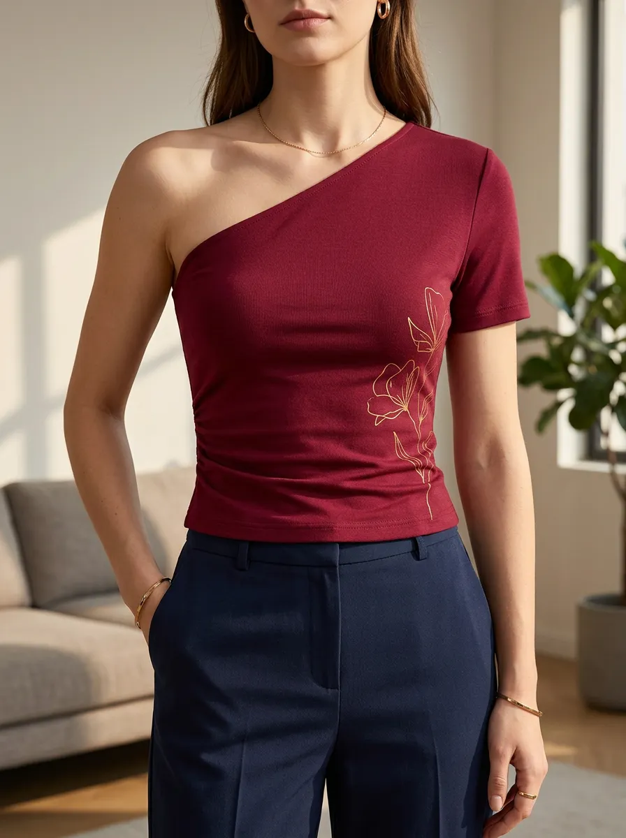 Women's Softline Floral Line Art Printed Off-Shoulder Top