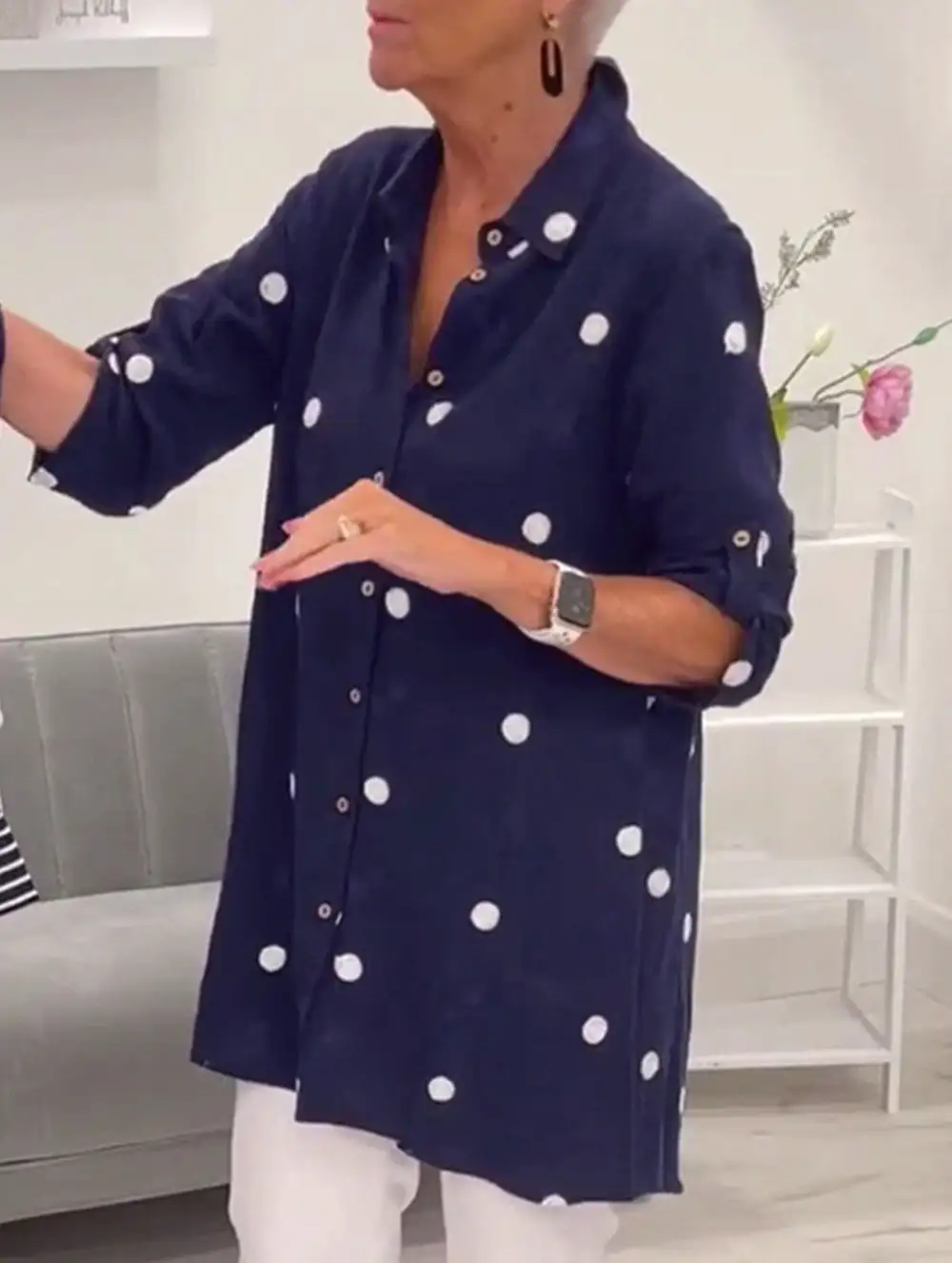 Simple Lapel Long-Sleeved Polka Dot Shirt