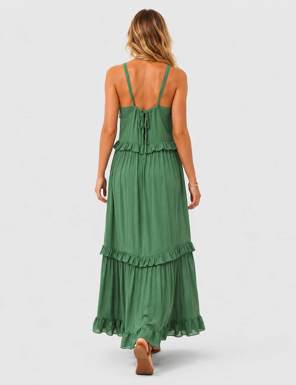 Boho Ruffle Tiered Hem Sleeveless Solid Color Maxi Dress