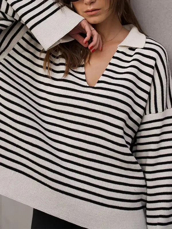 Striped Paneled Lapel Long Sleeve Relaxed Fit Sweater