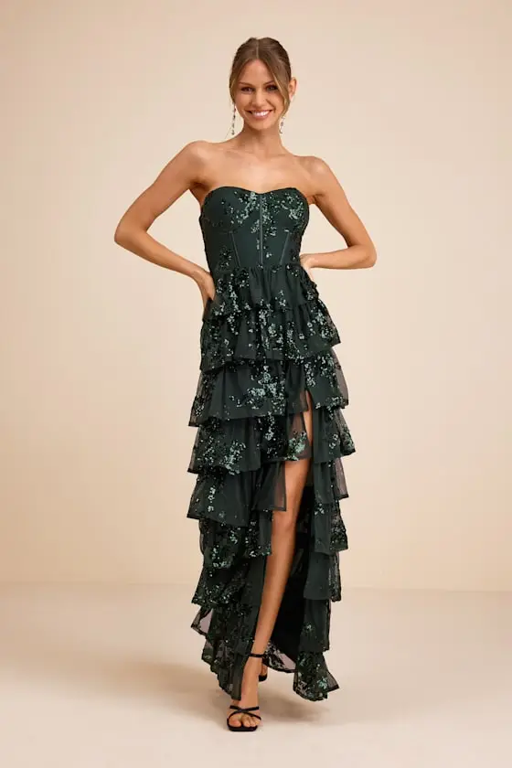 Definite Glamour Emerald Sequin Strapless Bustier Maxi Dress