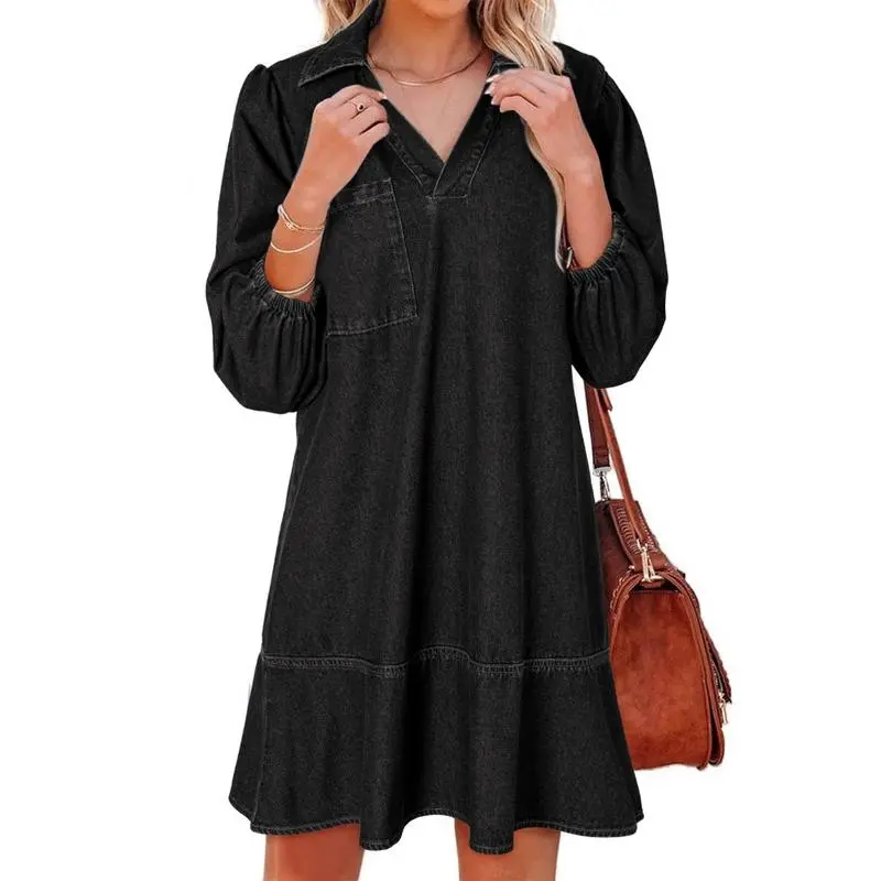 Women Fashion Fall Casual Babydoll 2025 V Neck 3/4 Puff Sleeve Jean Dresses