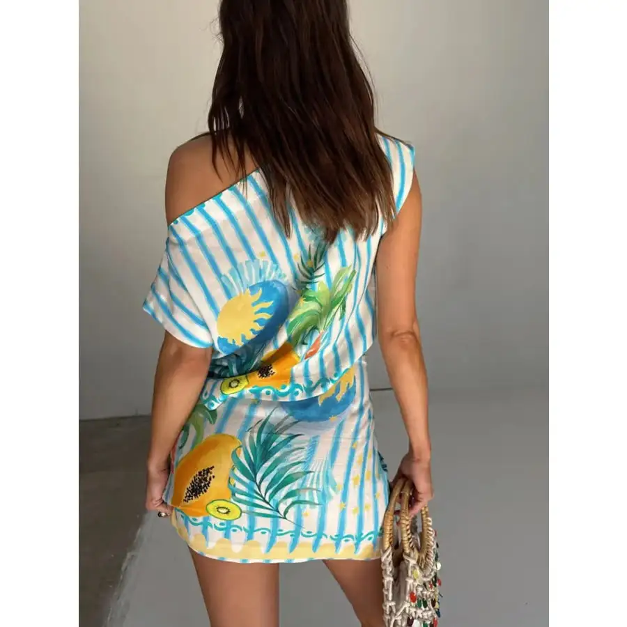 Printed Striped Single Shoulder Top and Skirt Set