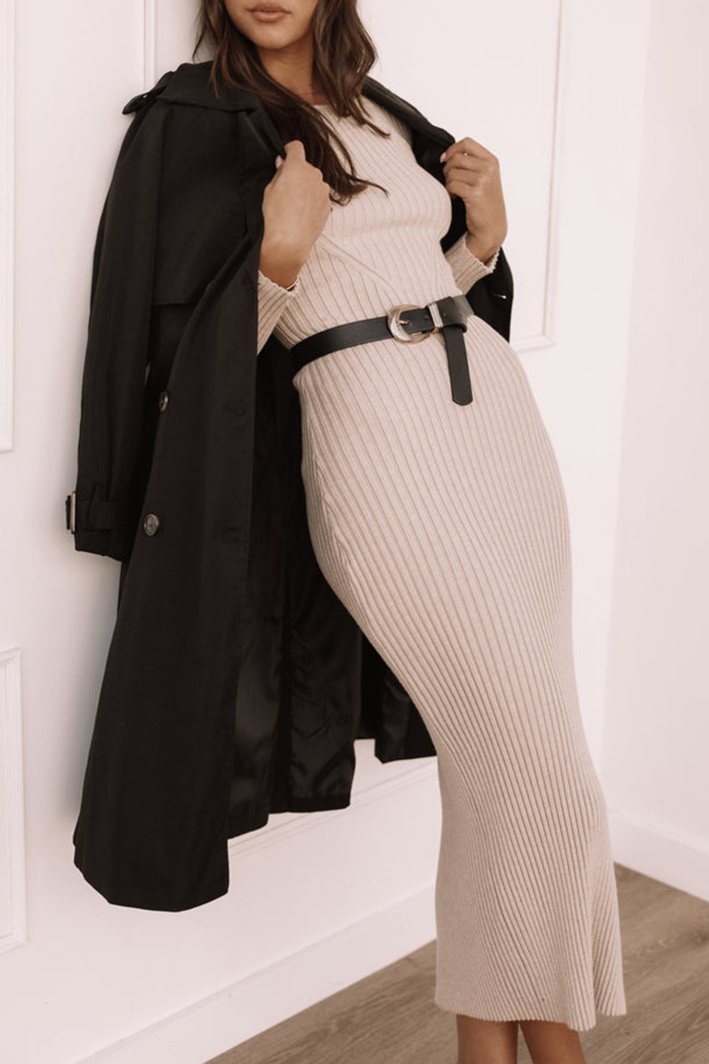 SOLID COLOR STRIPES TEXTURE LONG SLEEVE MIDI DRESS
