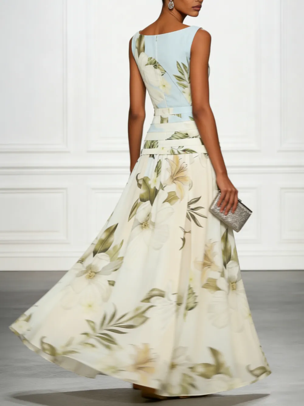 A Line Boat Neck Floral Maxi Dress