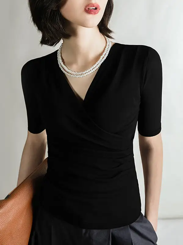 Half Sleeve Slim Fit Pleat Detail V-Neck T-Shirt