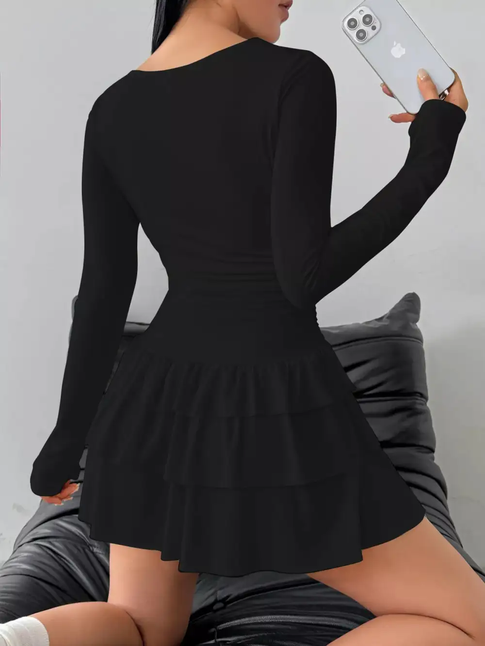Ruched Long Sleeve Layered Ruffle Mini Dress