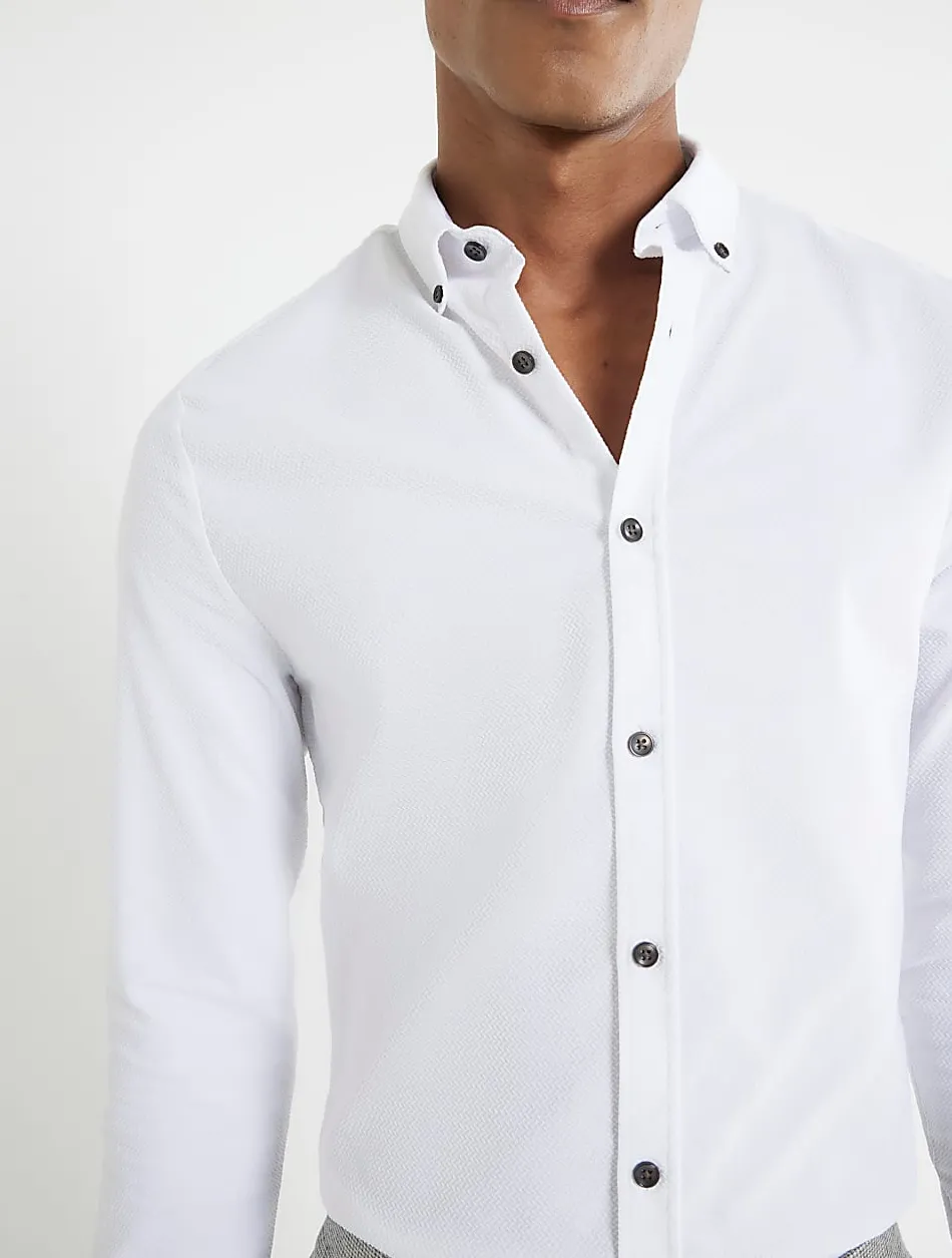 Men's White Long Sleeve Textured Slim Fit Shirt