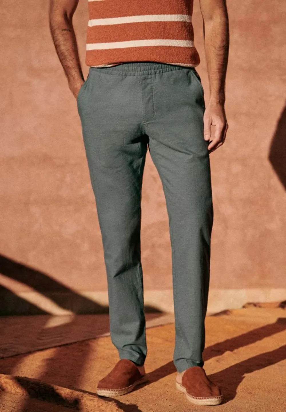 Olive Green Cotton Linen Blend Drawstring Trousers