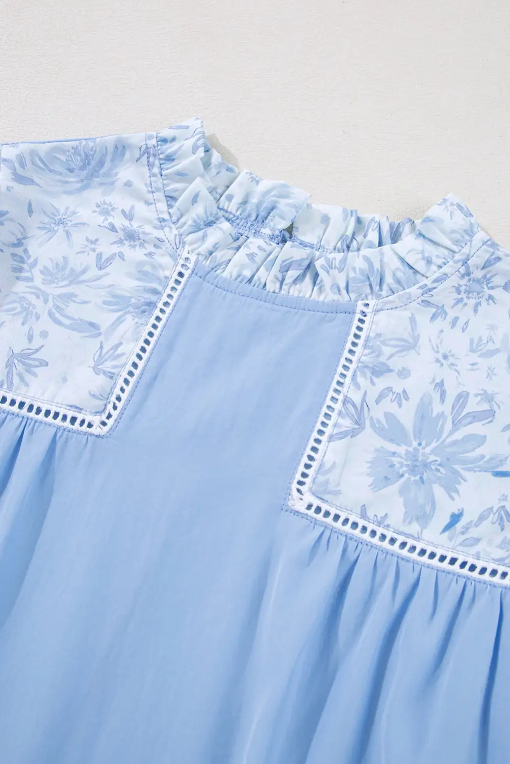 Blue Lace Insert Floral Puff Sleeve Patchwork Loose Blouse