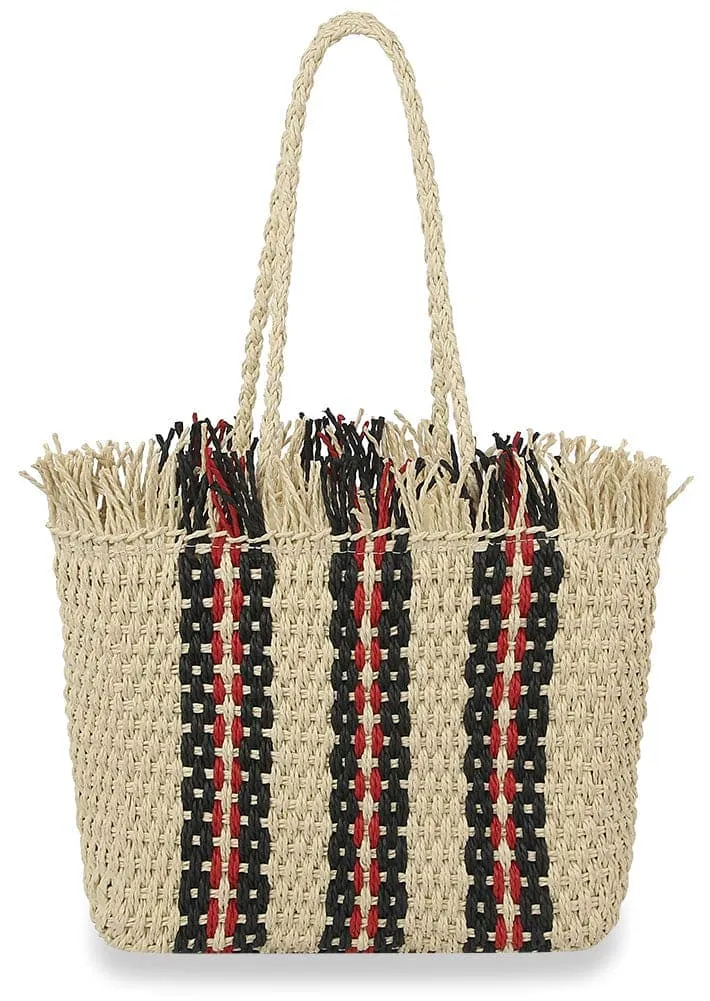 Woven Fringed Pocketed Woven Straw Tote Bag