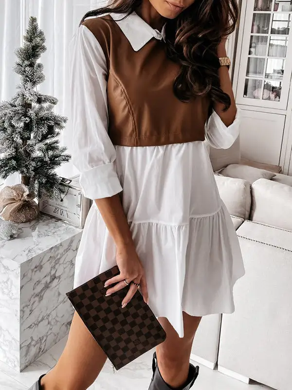 Long Sleeve Relaxed Contrast Color Pleated Split Joint Lapel Mini Dress
