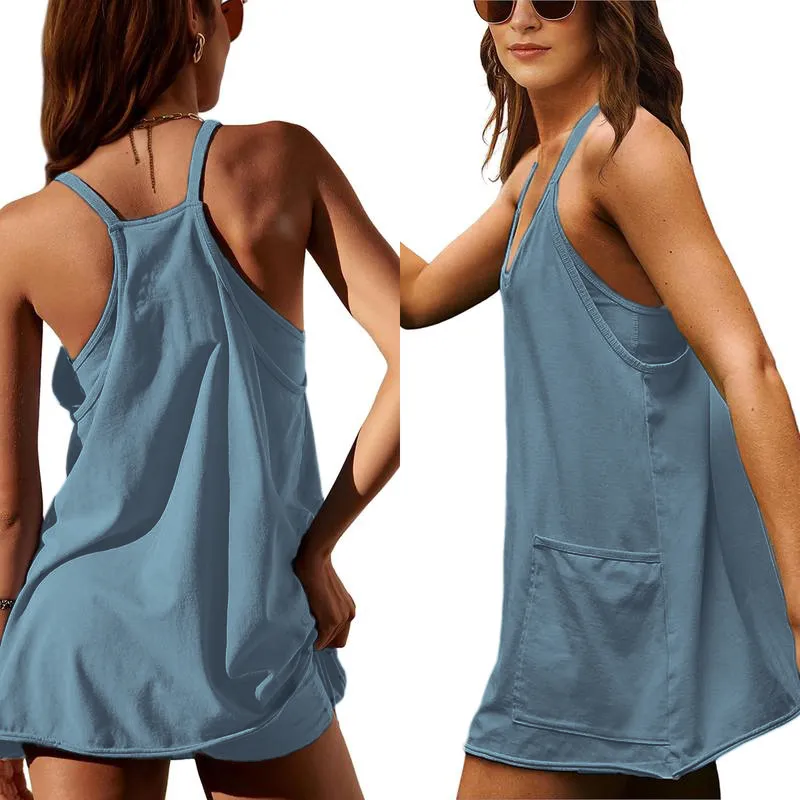Women'S Womens Athletic Sleeveless Mini Dress With Built-In Shorts V Neck Spaghetti Strap Short Tennis Dress With Pockets