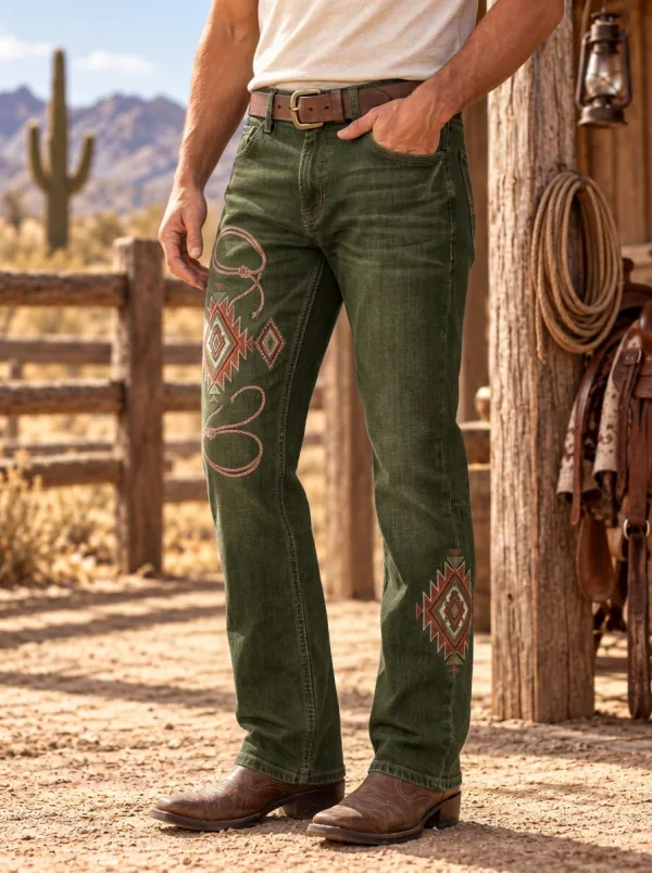 Men's Western Cowboy Lasso Aztec Geometric Printed Jeans