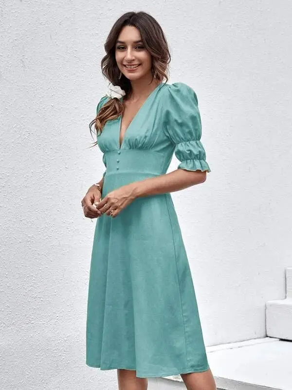 Women Ruffle Cuff Button Front Dress